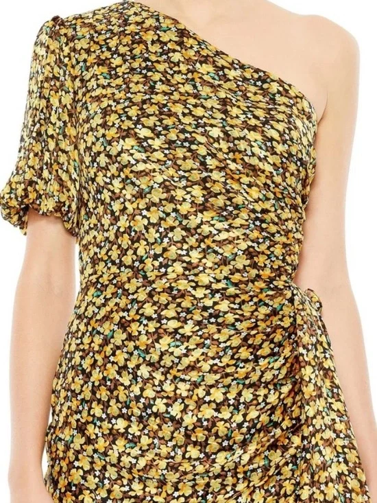 NWT Mac Duggal Sz 12 Floral Print Draped One Sleeve Ruffled Hem Dress 26905 - Picture 2 of 5